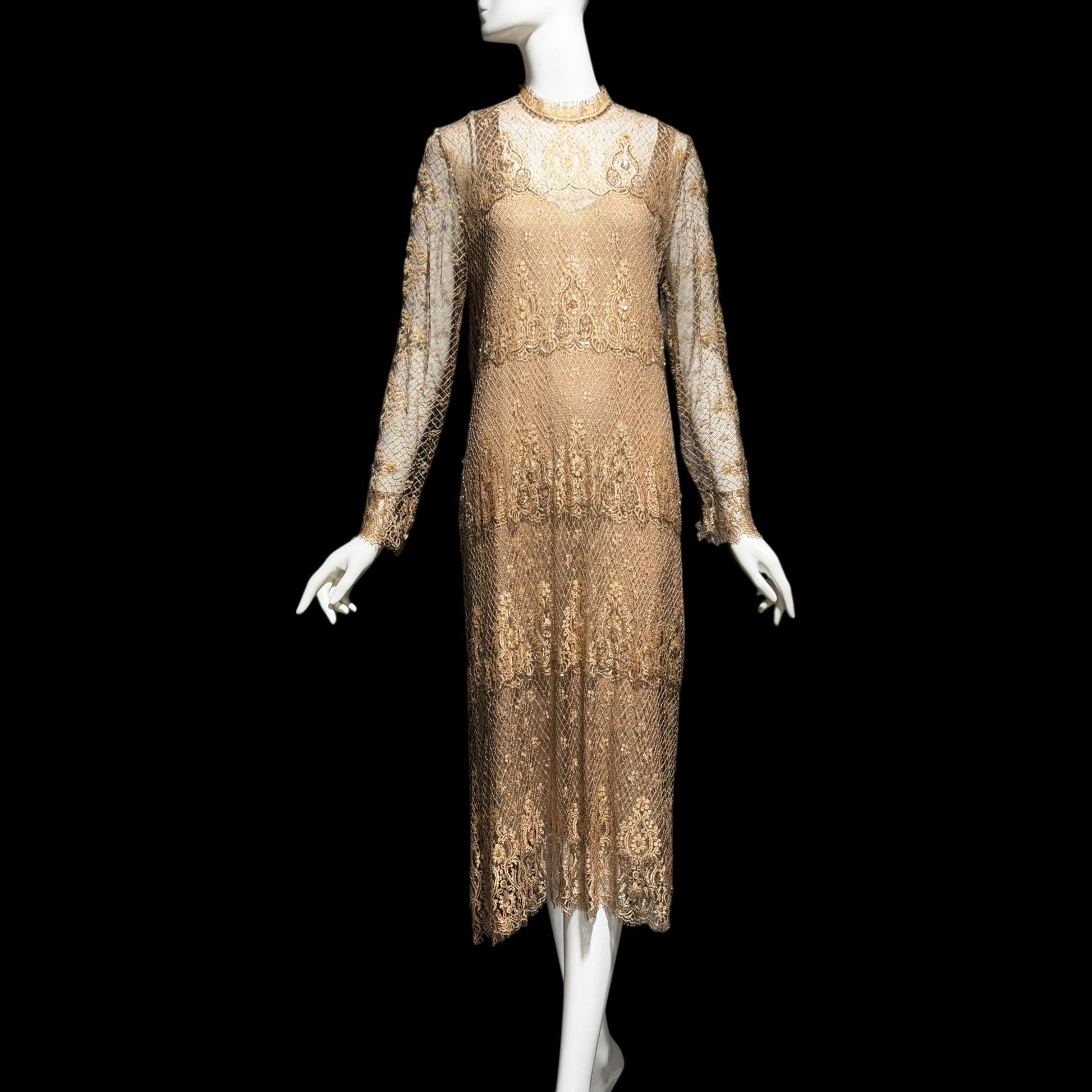 RINA di MONTELLA, vintage 1970s evening cocktail dress, silk lace high neck sequins beads