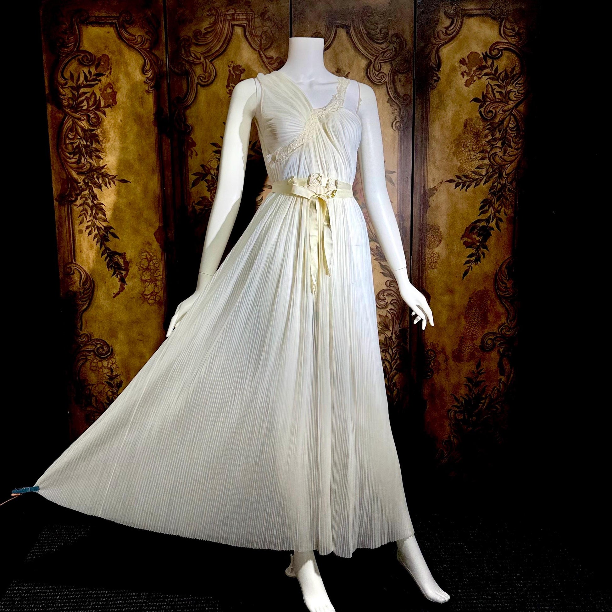 ROGERS vintage 1950s nightgown slip dress, white pleated Aphrodite Grecian Goddess lingerie gown