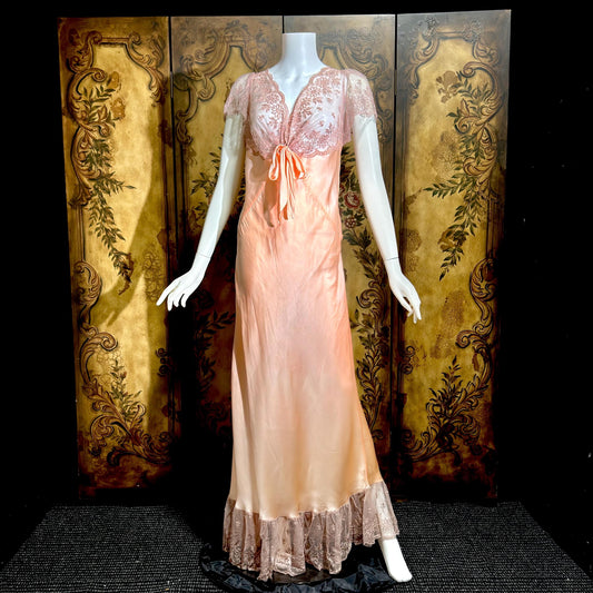 ROLAND MODES vintage 1930s Nightgown slip dress, peachy pink silk bias cut lingerie dress