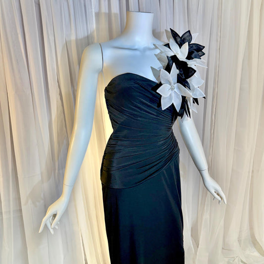 ROSE TAFT vintage 1980s evening dress gown, Black ruched one shoulder 3D corsage dress