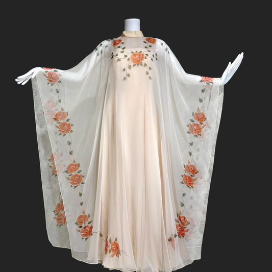 ROSE TAFT vintage evening dress gown, Hand Painted Chiffon floral caftan dress