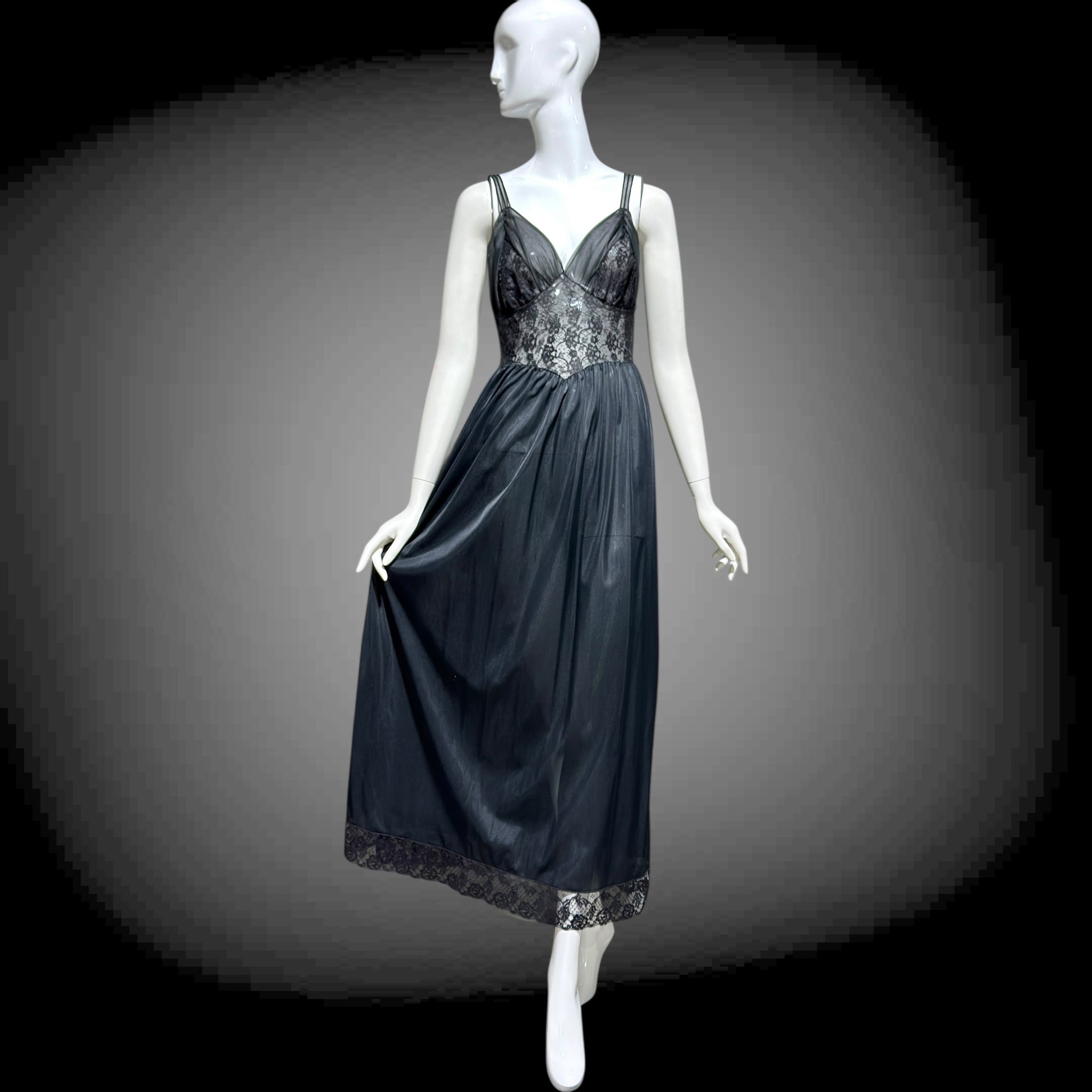 Rogers vintage 1950s Black Lace Nylon Nightgown Lingerie Slip Dress