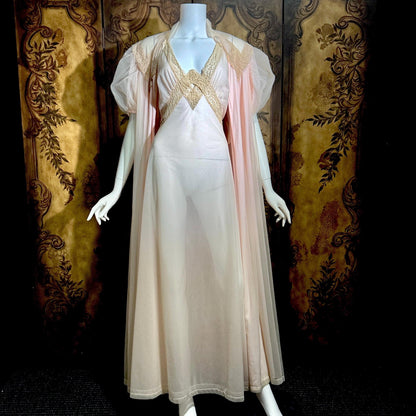 SAKS FIFTH AVENUE Vintage 1950s peignoir set, Dusty Pink chiffon bridal nightgown lingerie slip dress and robe