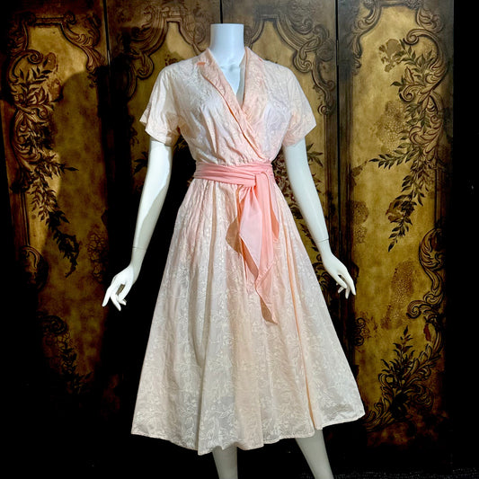 SAKS FIFTH AVENUE vintage 1950s dress, pink flocked floral wrap dress