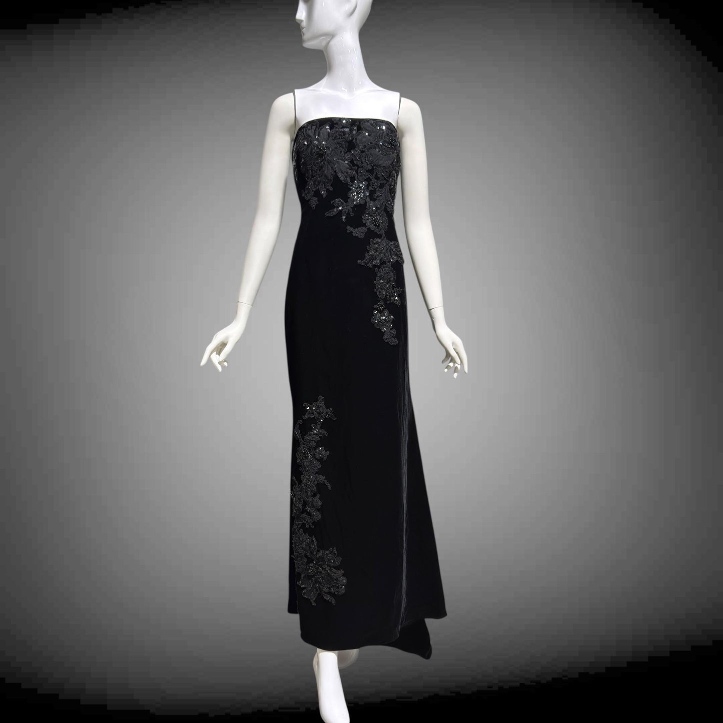 SAN CARLIN Vintage 1980s evening dress,  Black Velvet Beaded Strapless gown with train, Medium