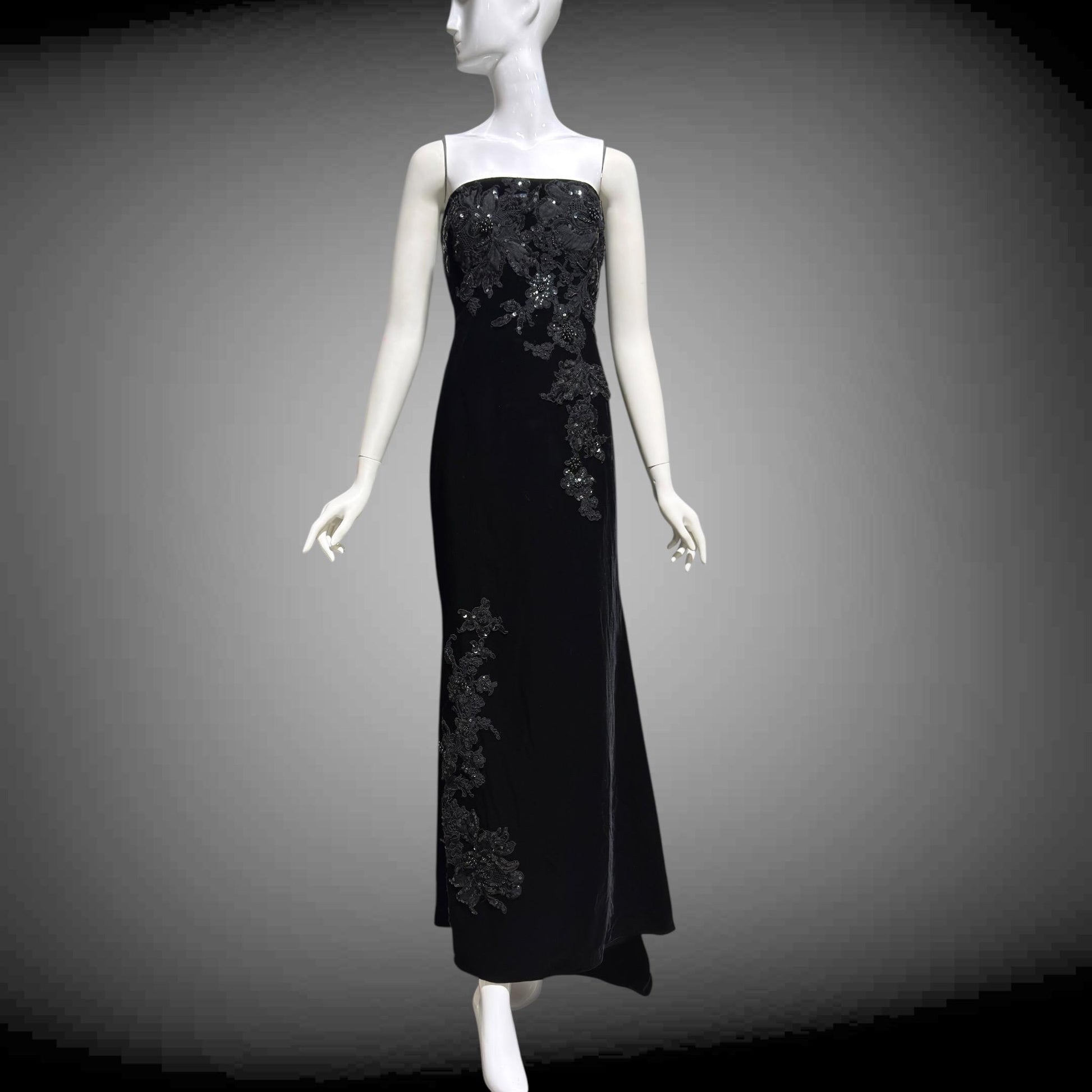 SAN CARLIN Vintage 1980s evening dress,  Black Velvet Beaded Strapless gown with train, Medium