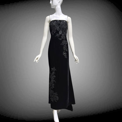 SAN CARLIN Vintage 1980s evening dress,  Black Velvet Beaded Strapless gown with train, Medium