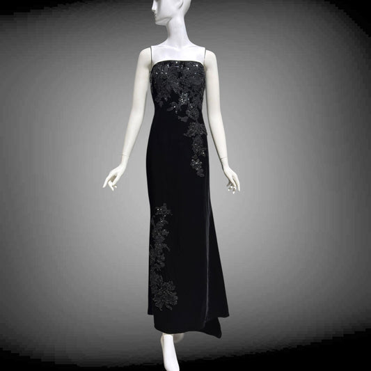 SAN CARLIN Vintage 1980s evening dress,  Black Velvet Beaded Strapless gown with train, Medium