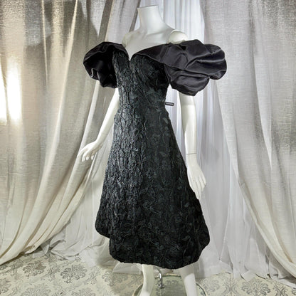Vintage SCAASI BOUTIQUE cocktail evening dress, Black Off Shoulder Huge Sleeves Party Dress