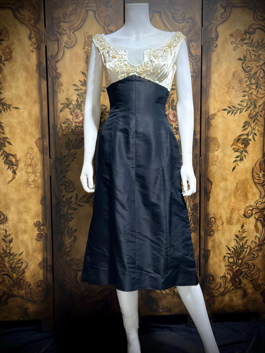 SEYMOUR JACOBSON vintage 1950s cocktail party dress, black silk evening dress