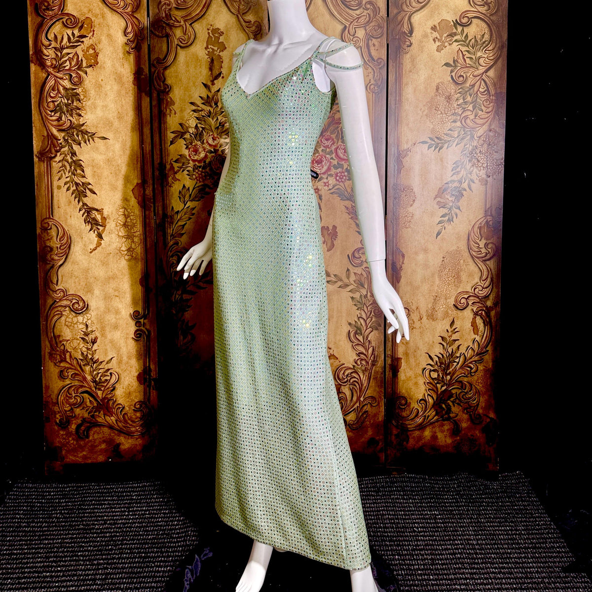 vintage ST JOHN EVENING 1980s evening gown, Dusty Green Sequin knit long dress