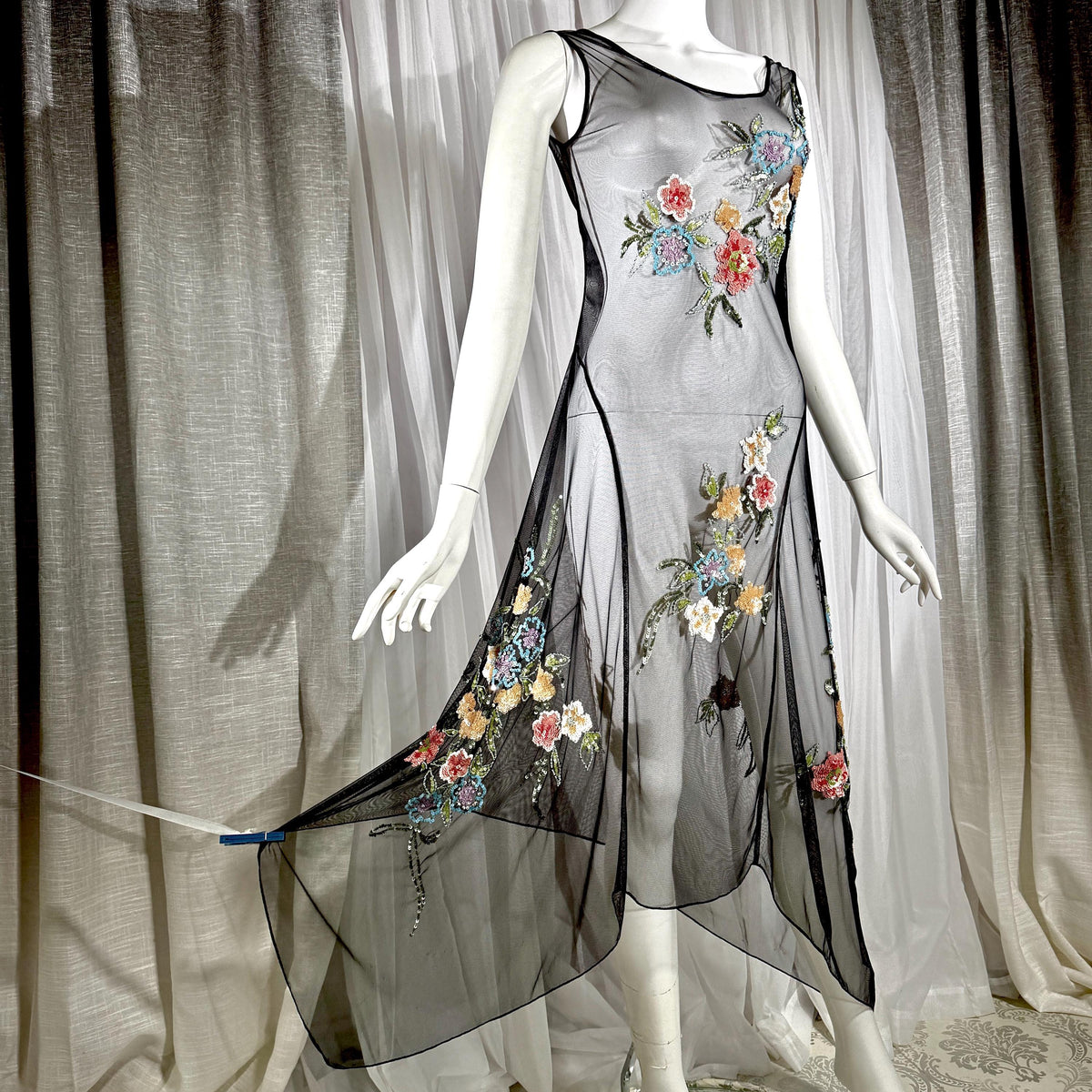 Vintage SUE WONG Slip Dress, 1990s Black Nylon Mesh beaded Handkerchief sheath cocktail dress