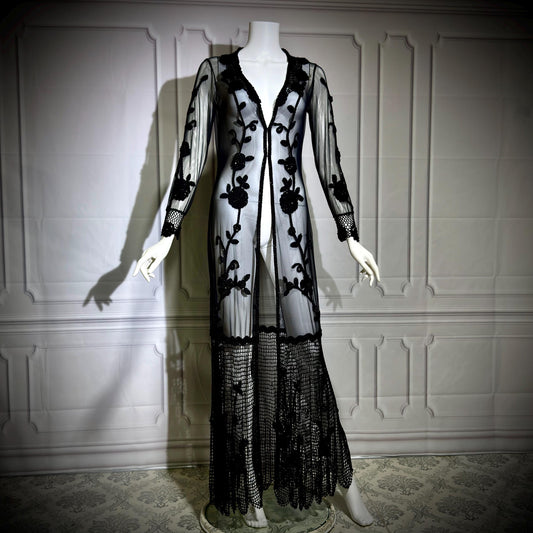 SUE WONG vintage Y2K evening coat duster, NOCTURNE Sheer Black Beaded Mesh & crochet maxi coat