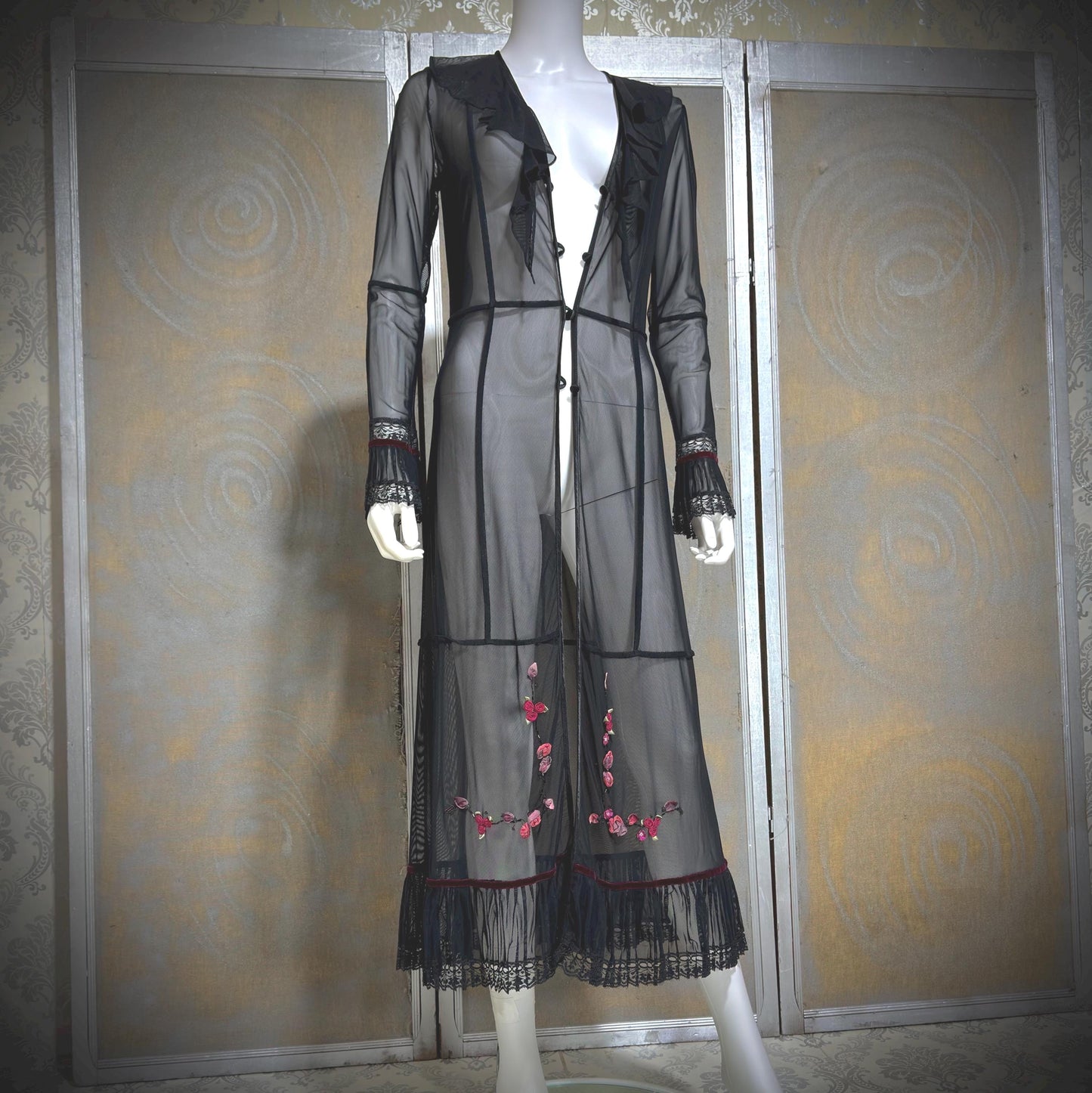 SUE WONG vintage Y2K evening coat duster, Sheer Black Mesh Rosette maxi robe