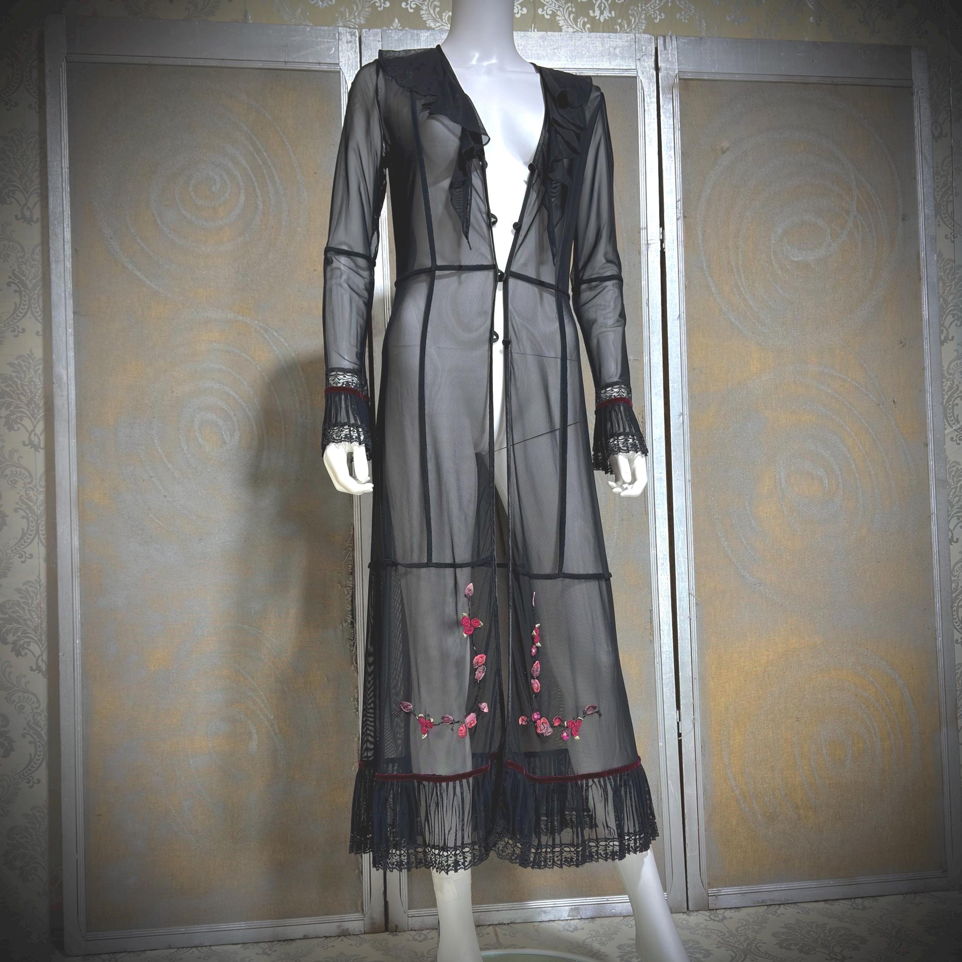 SUE WONG vintage Y2K evening coat duster, Sheer Black Mesh Rosette maxi robe