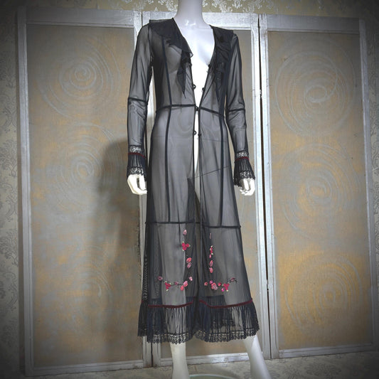 SUE WONG vintage Y2K evening coat duster, Sheer Black Mesh Rosette maxi robe