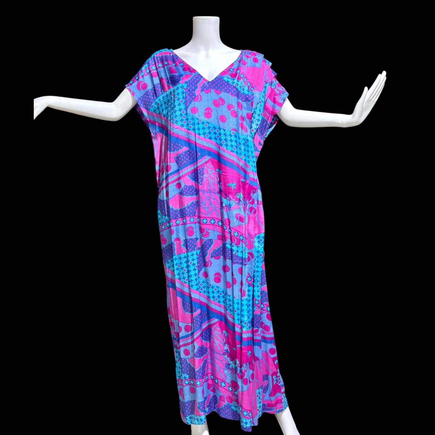 SULTANA by ADINI Vintage 1970s designer caftan dress, Op Art Rayon shift maxi house dress, large