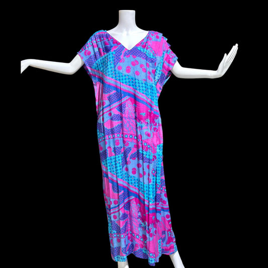 SULTANA by ADINI Vintage 1970s designer caftan dress, Op Art Rayon shift maxi house dress, large