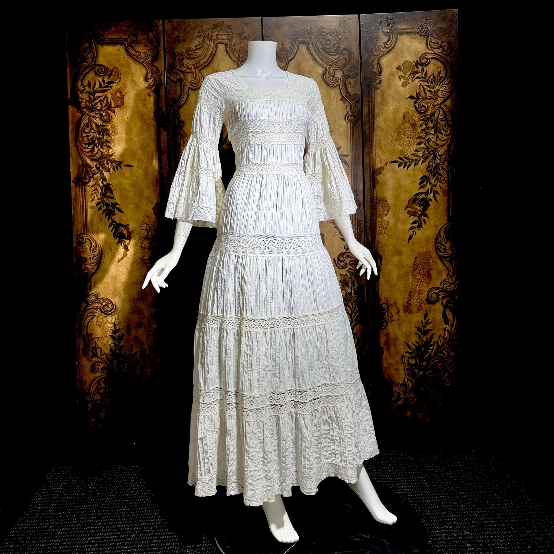 SUZANNA Vintage Mexican Wedding Dress, 1970s White Pin tuck cotton crochet bell sleeve maxi gown by Suzanna