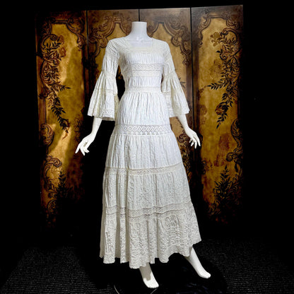 SUZANNA Vintage Mexican Wedding Dress, 1970s White Pin tuck cotton crochet bell sleeve maxi gown by Suzanna