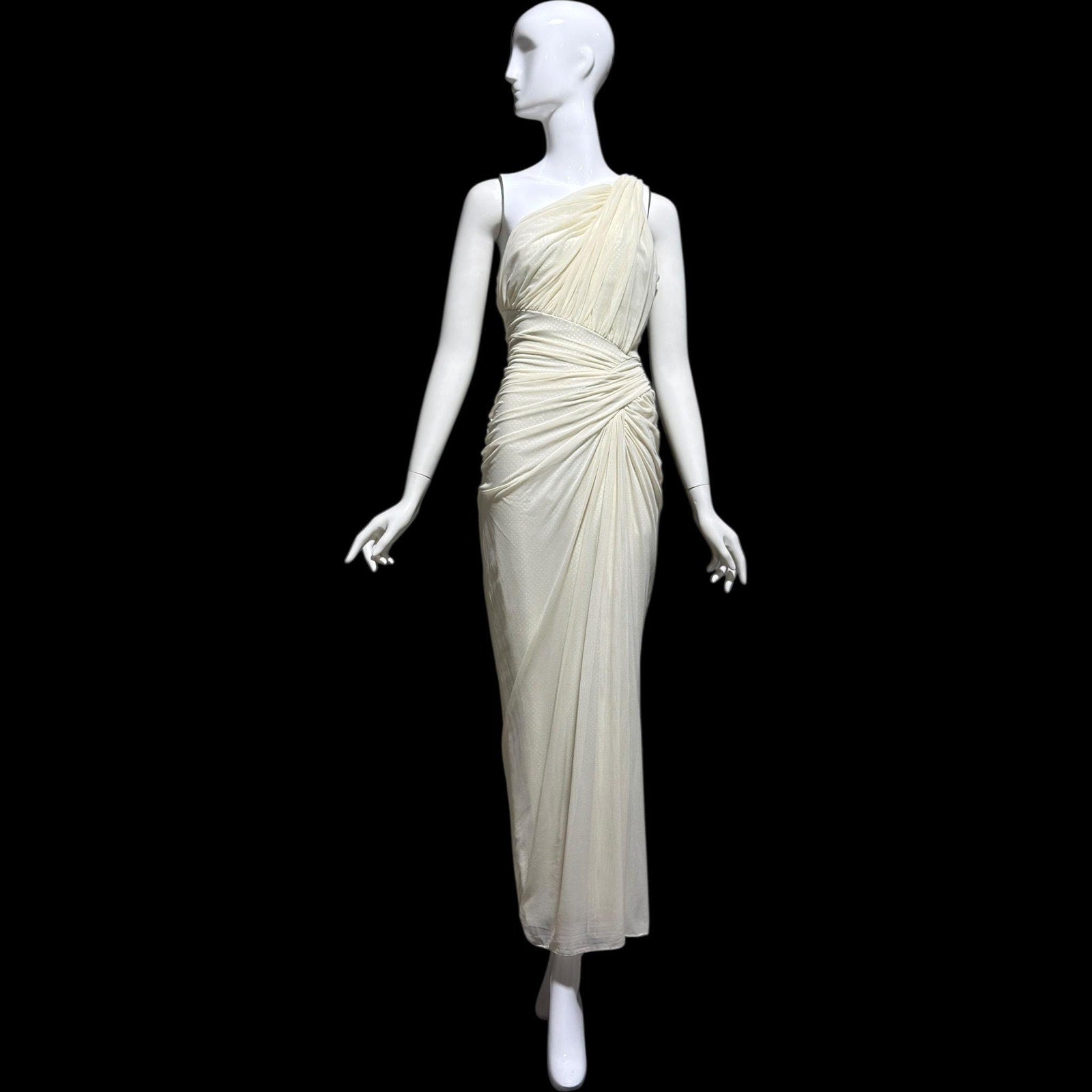 TADASHI Vintage evening dress gown, 1980s Grecian bodycon white ruched gown