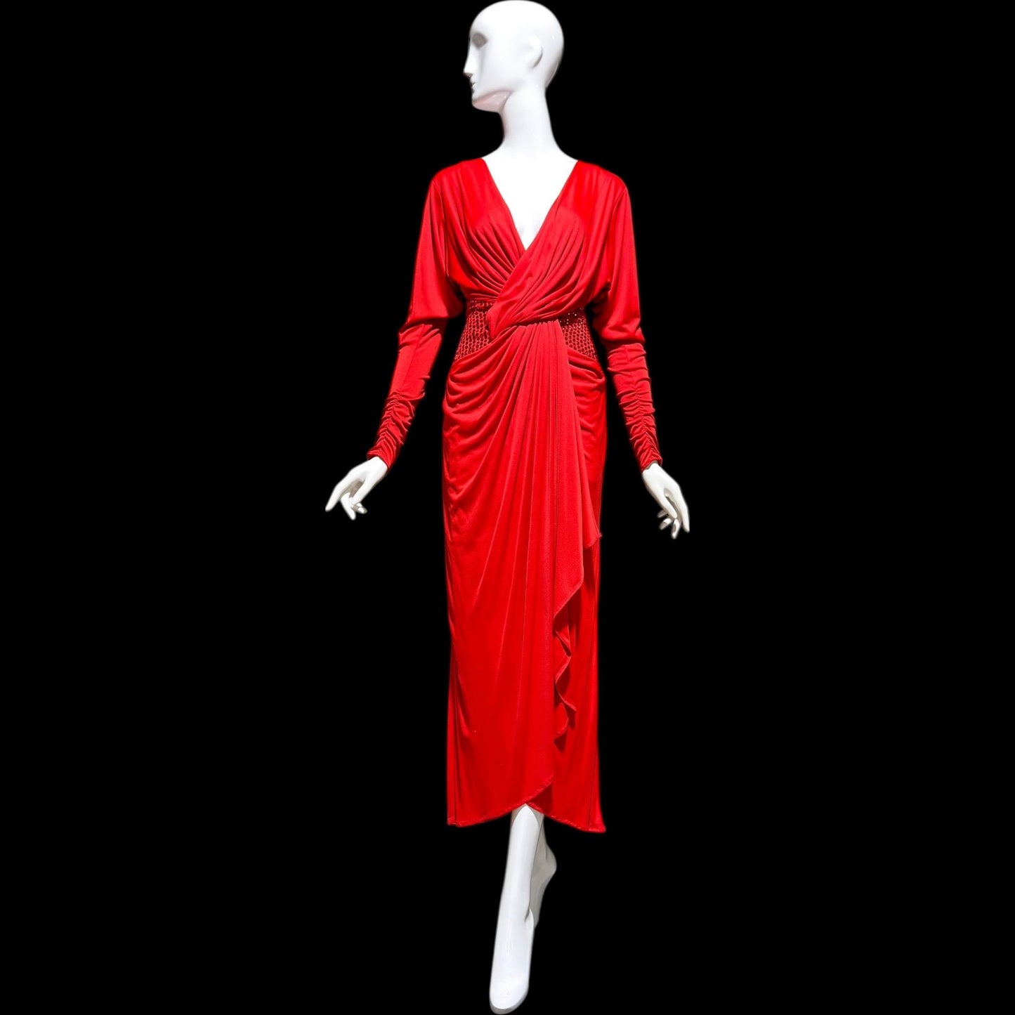 TADASHI Vintage evening dress gown, 1980s glam red sequin sarong gown