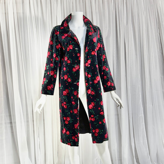 TOWN & COUNTRY vintage 1960s evening coat, black velvet rose print midi coat