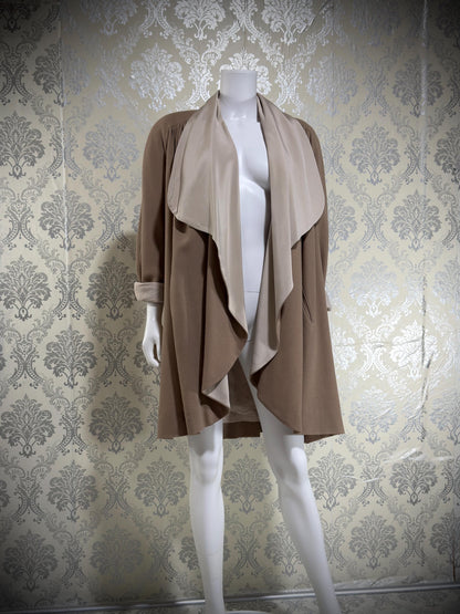 TRAVILLA vintage 1980s swing coat jacket, taupe ruffled car coat