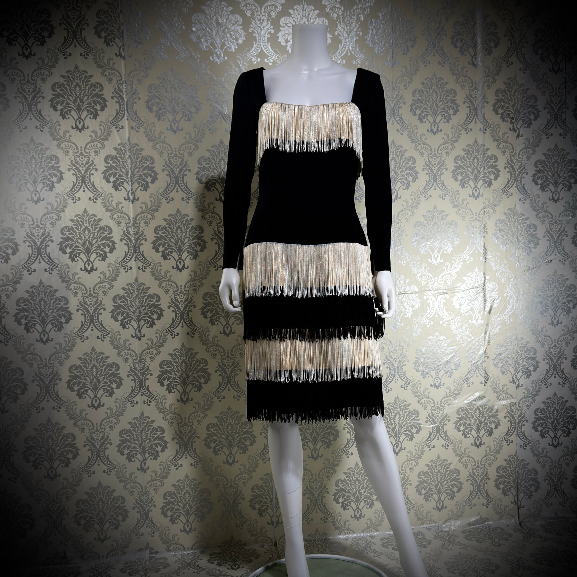 TRAVILLA vintage evening cocktail dress, 1960s black white fringed mod party dress