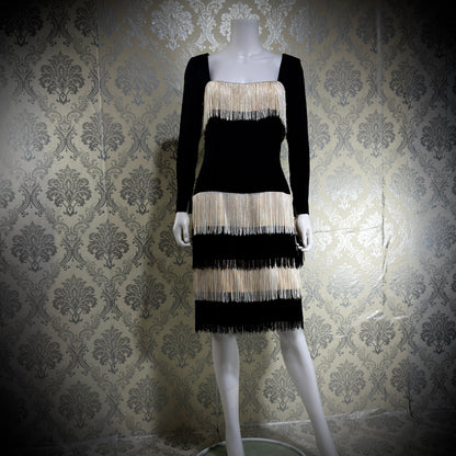 TRAVILLA vintage evening cocktail dress, 1960s black white fringed mod party dress