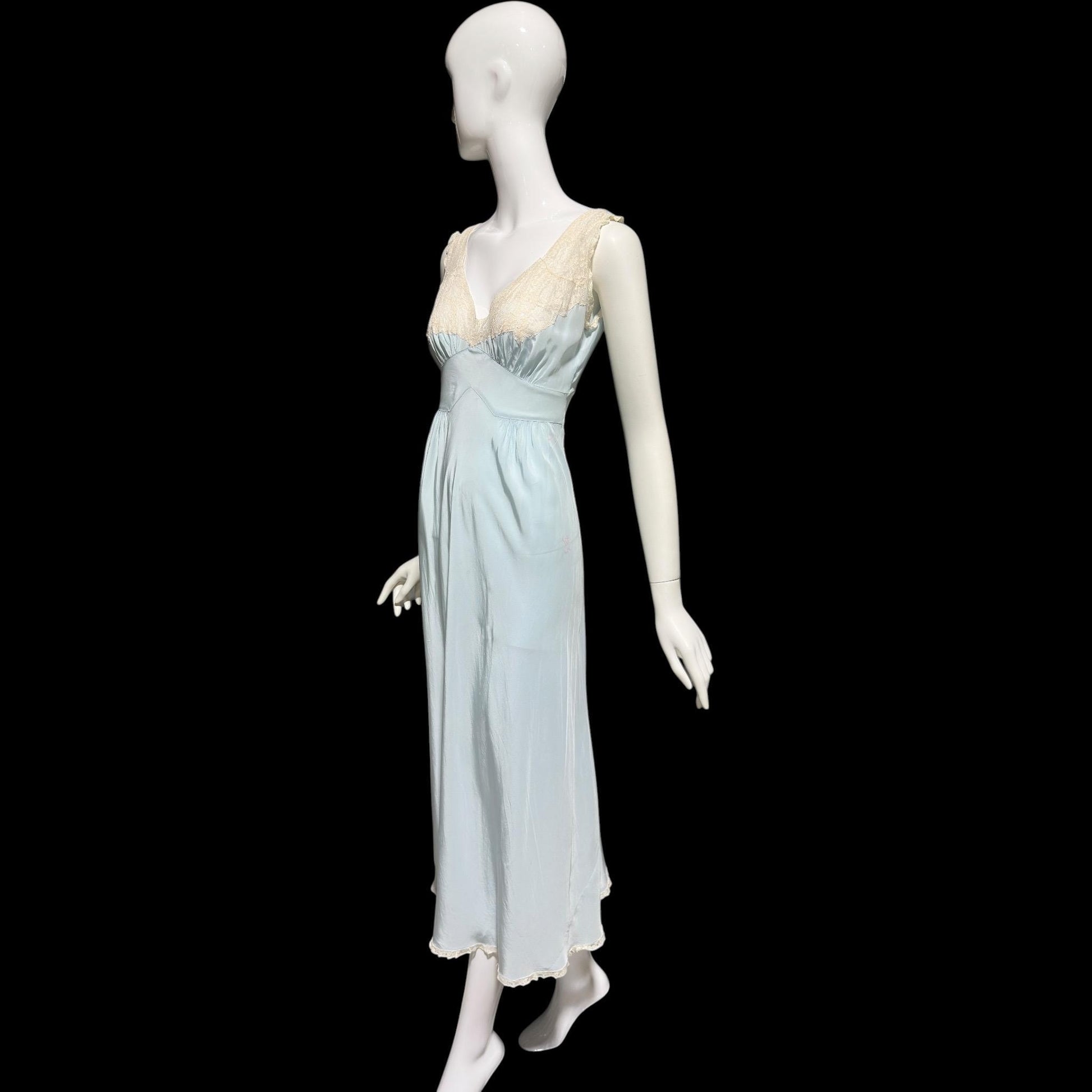 TROUSSEAUX vintage 1940s nightgown slip dress, powder blue rayon lingerie dress, full length