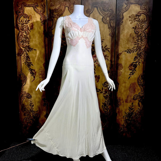 TROUSSEAU vintage 1940s nightgown slip dress, Bur Mil Rayon White Pink lingerie dress