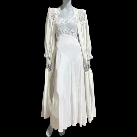 TULA Vintage 1940s Nightgown Robe Set: Bridal White Peignoir Dressing Gown & Slip Dress