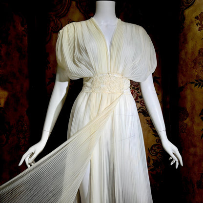 TULA vintage 1940s Nightgown Dressing Gown, White Grecian Goddess micro pleat lingerie dress