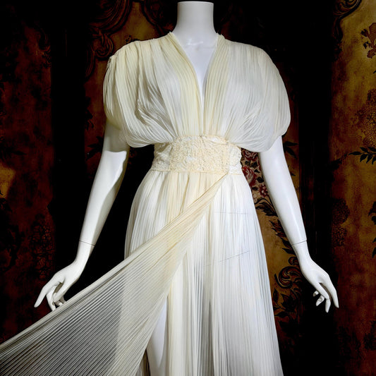 TULA vintage 1940s Nightgown Dressing Gown, White Grecian Goddess micro pleat lingerie dress