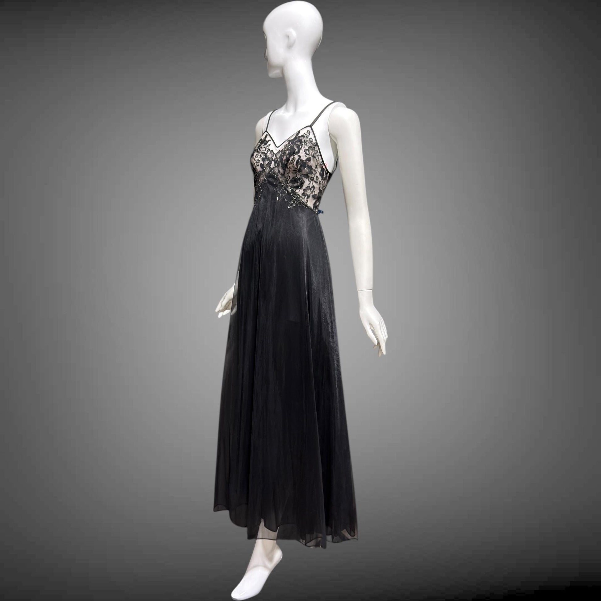 VANITY FAIR Vintage 1950s nightgown slip dress, Black Nylon Metallic Lace Lingerie dress