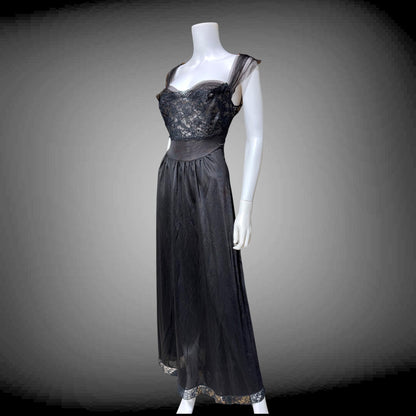 VANITY FAIR vintage 1950s Nightgown Slip Dress, SAKS Black nylon full length lingerie dress