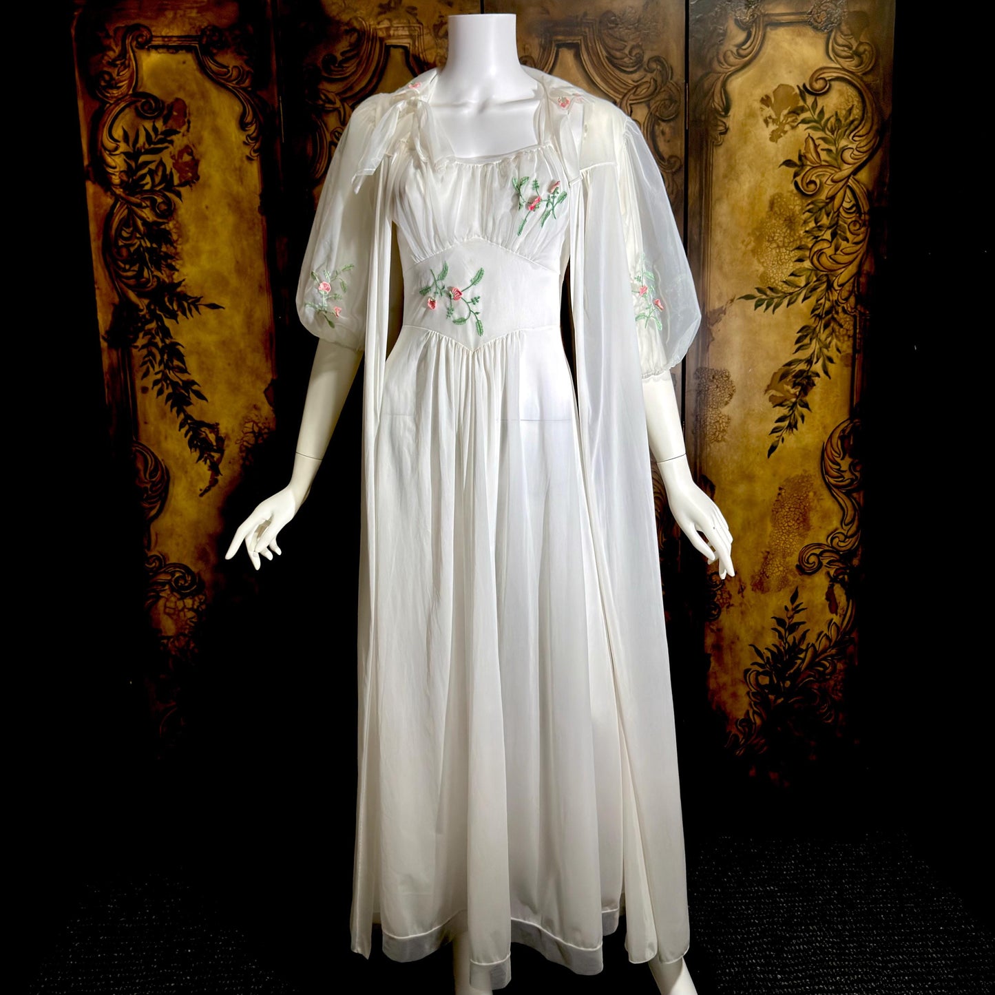 VANITY FAIR vintage 1950s peignoir slip dress set, frothy white nylon bridal nightgown robe set