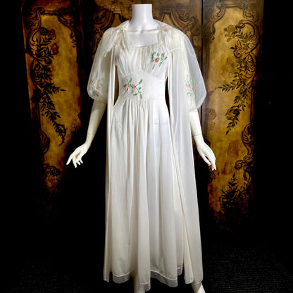 VANITY FAIR vintage 1950s peignoir slip dress set, frothy white nylon bridal nightgown robe set