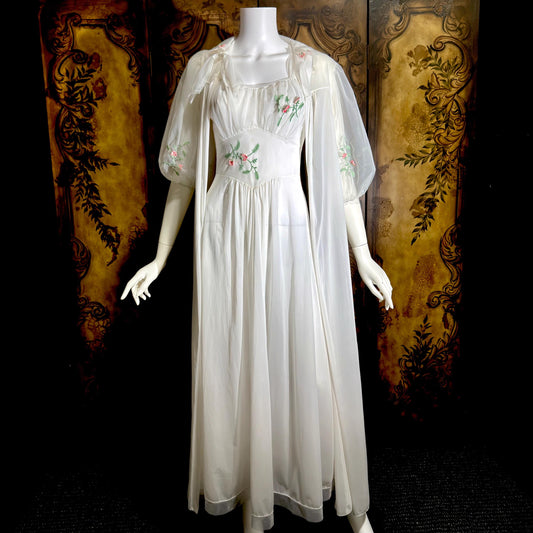 VANITY FAIR vintage 1950s peignoir slip dress set, frothy white nylon bridal nightgown robe set