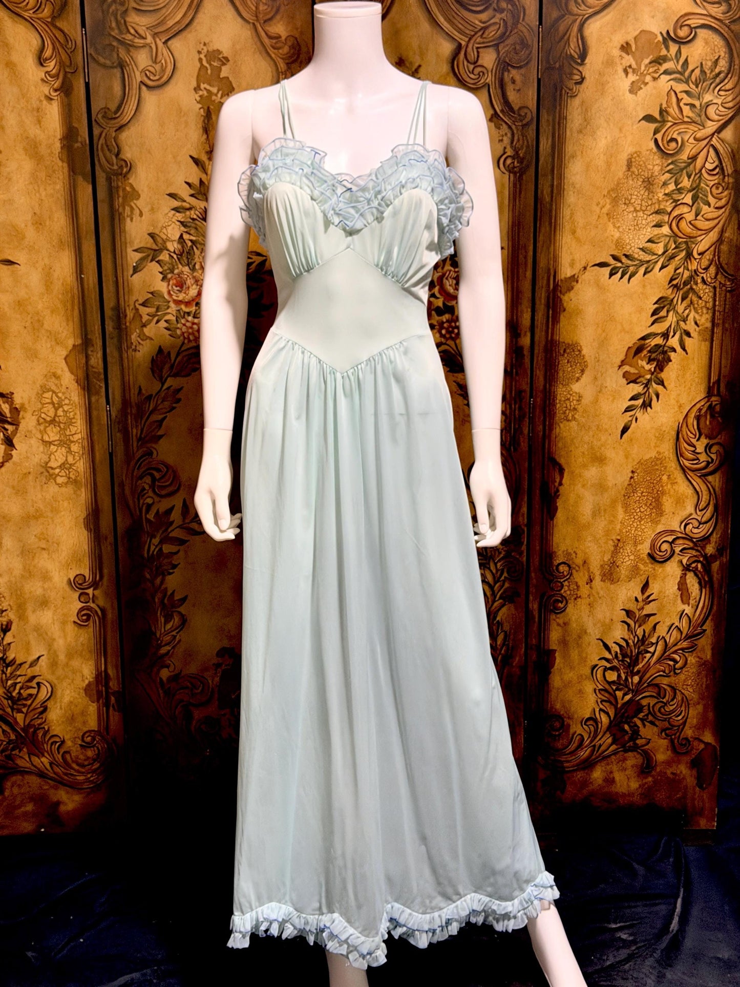 VANITY FAIR vintage nightgown slip dress, 1960s Aqua Blue nylon ruffle lingerie gown