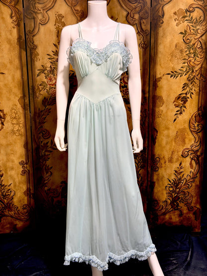 VANITY FAIR vintage nightgown slip dress, 1960s Aqua Blue nylon ruffle lingerie gown