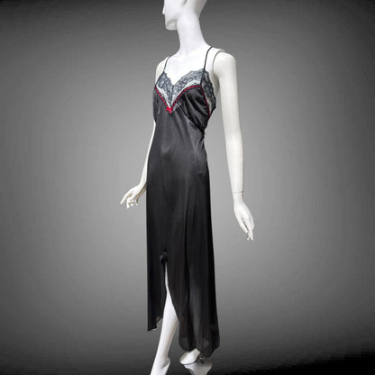 VELROSE vintage nightgown slip dress, 1970s Black and Red nylon gown, New Old Stock