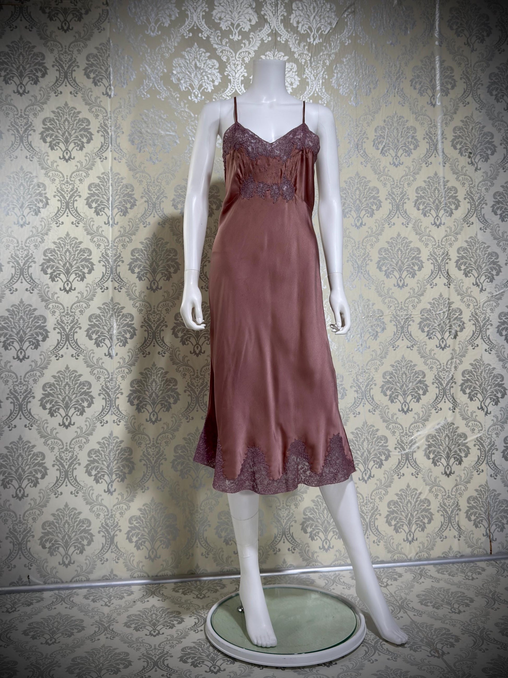 VIANNE vintage 1940s Silk Nightgown slip dress, dusty plum bias cut lace lingerie dress