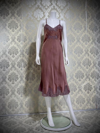 VIANNE vintage 1940s Silk Nightgown slip dress, dusty plum bias cut lace lingerie dress