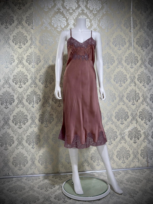 VIANNE vintage 1940s Silk Nightgown slip dress, dusty plum bias cut lace lingerie dress