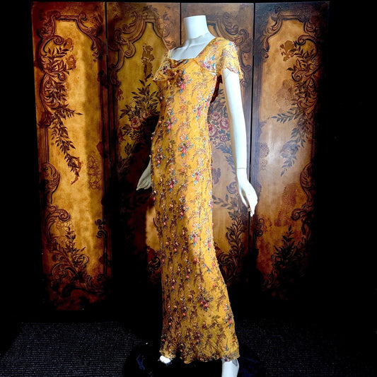 Vintage 1990s VICTORIA ROYAL Slip Dress, Peach floral bias cut silk beaded sheath gown