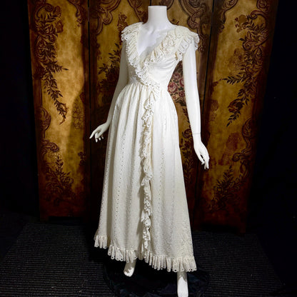 VICTOR COSTA Vintage 1970s dress, White Cotton Eyelet Ruffle Maxi Boho Wedding
