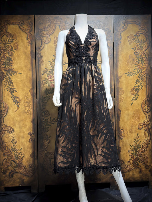 VICTOR COSTA Vintage evening dress, SAKOWITZ 1970s Black Lace Halter Midi dress