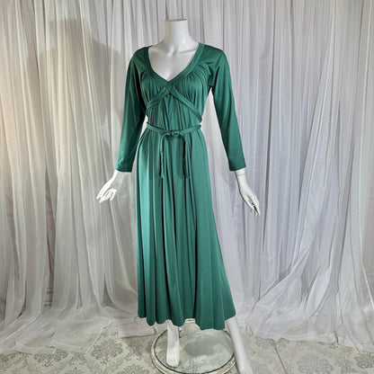vintage VICTOR COSTA evening dress, 1970s Forest Green jersey knit goddess gown
